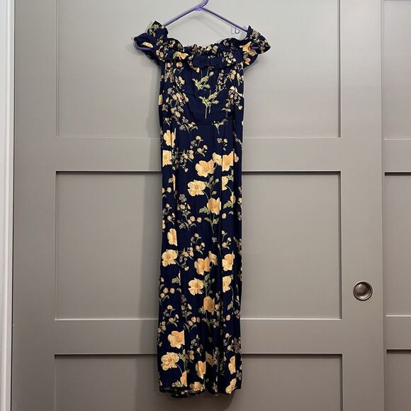 Reformation Izabel Off Shoulder Floral Midi Dress Women Sz. 4 Navy Blue Boho EUC